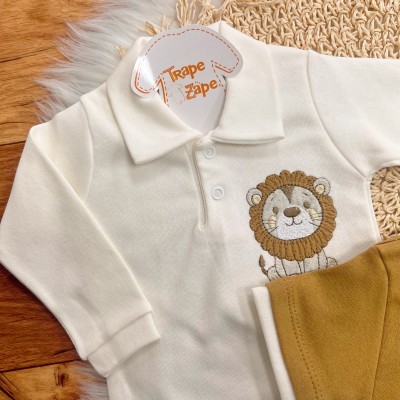 Conj. de Malha 3 peças - Leão com Jubinha - Off White e Ferrugem